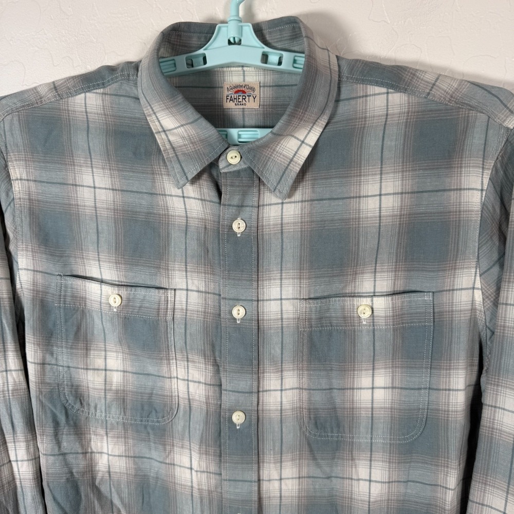 Faherty Shirt Mens XL Blue Button Up Tried True Chambray Work‎ Shirt Plaid